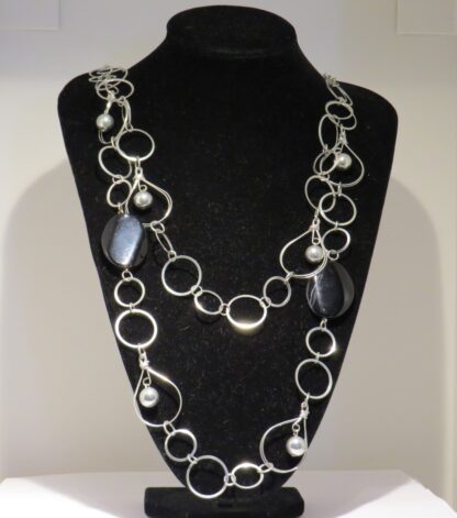 Black Agate Long Steel Necklace