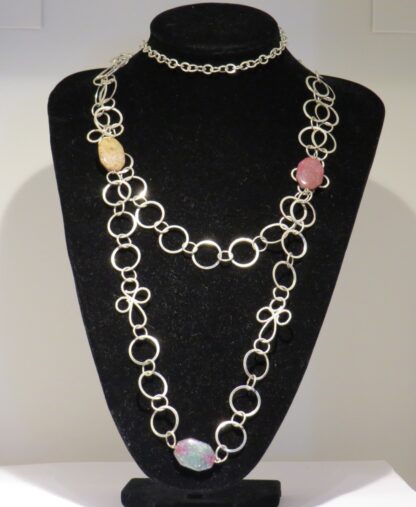 Watermelon Tourmaline Long Steel Necklace