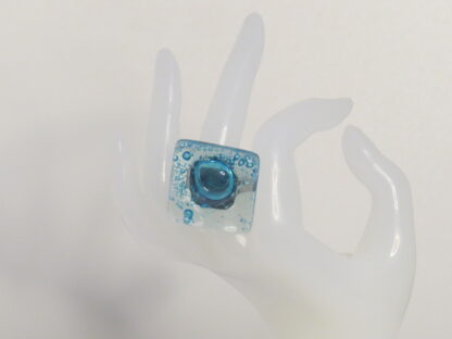 Blue Not Centered Bubble Fusing Glass Ring