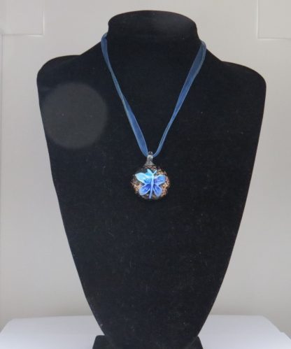 Circle with Butterfly Murano Glass Necklace in Blue