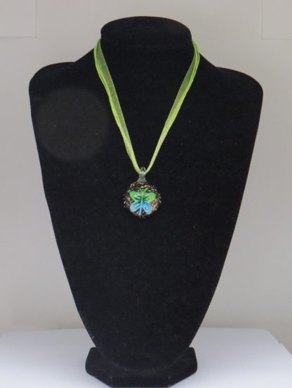 Circle with Butterfly Murano Glass Necklace in Green