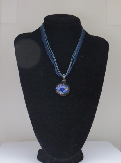 Circle with Flower Murano Glass Necklace in Dark Blue