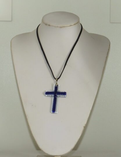 Dark Blue Cross Fusing Glass Necklace - Image 2