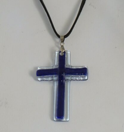 Dark Blue Cross Fusing Glass Necklace - Image 3