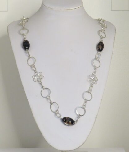 Black Oval Murano Glass Long Steel Necklace