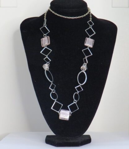 Pink Square Murano Glass Long Steel Necklace