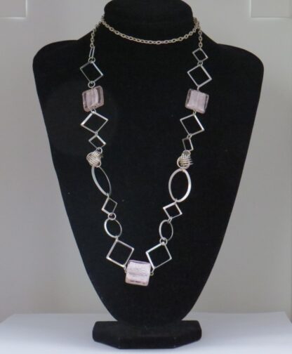 Pink Square Murano Glass Long Steel Necklace - Image 4