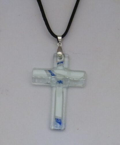 White with Dark Blue Cross Fusing Glass Necklace - Image 3