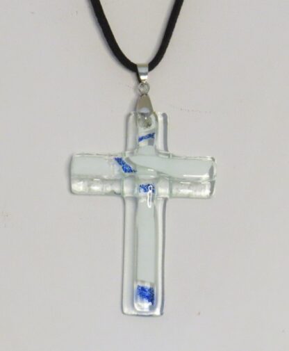 White with Dark Blue Cross Fusing Glass Necklace - Image 2