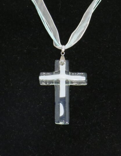 White with Blue Curve Cross Fusing Glass Necklace - Image 4