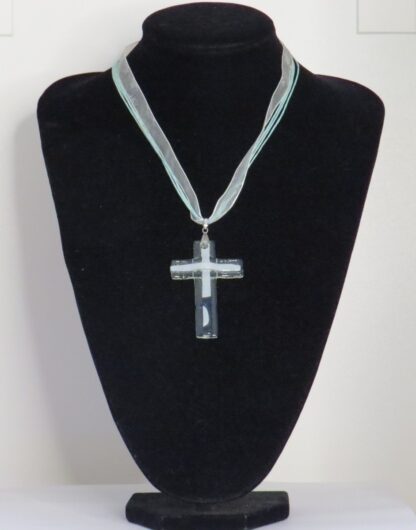 White with Blue Curve Cross Fusing Glass Necklace - Image 3