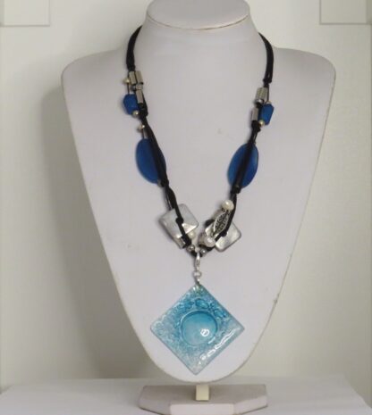 Square Fusing Glass Necklace with Blue Agate - Image 3