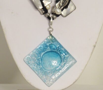 Square Fusing Glass Necklace with Blue Agate - Image 4