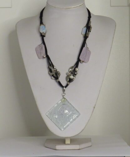 Square Transparent Fusing Glass Necklace with Pink Quartz - Image 3