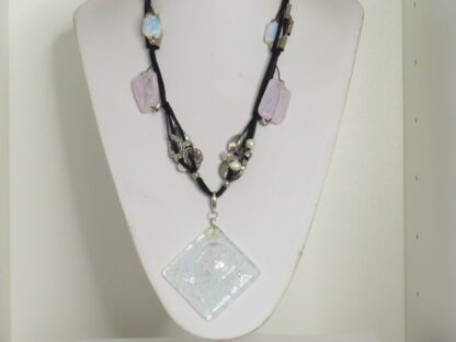 Square Transparent Fusing Glass Necklace with Pink Quartz - Image 4