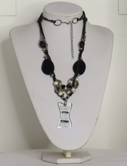 Striped Fusing Glass Necklace with Black Agate