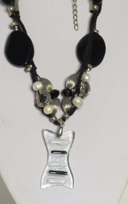 Striped Fusing Glass Necklace with Black Agate - Image 2