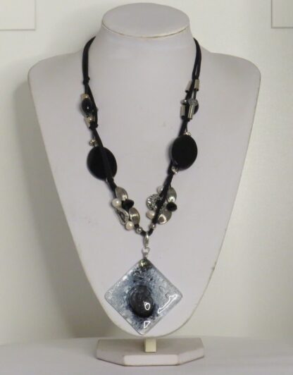 Square Black Fusing Glass Necklace with Black Agate - Image 3