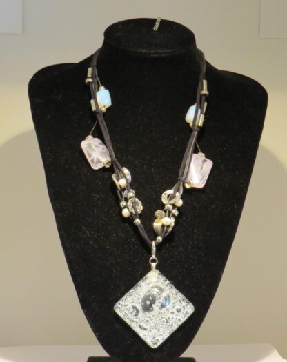 Square Transparent Fusing Glass Necklace with Pink Quartz