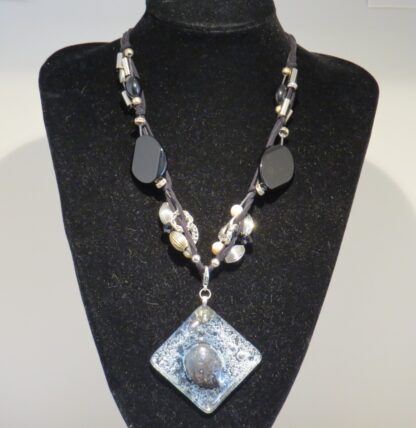 Square Black Fusing Glass Necklace with Black Agate