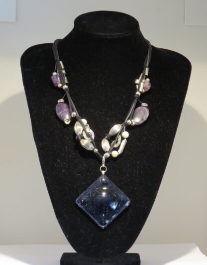 Square Purple Fusing Glass Necklace with Amethyst