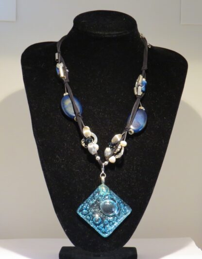 Square Bubble Fusing Glass Necklace with Blue Agate