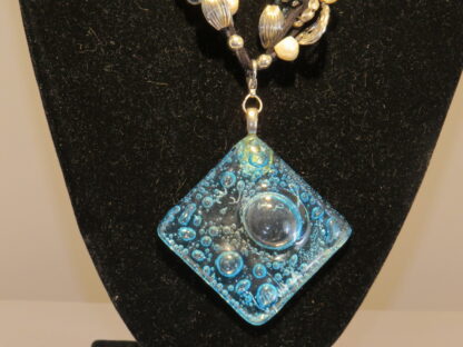 Square Bubble Fusing Glass Necklace with Blue Agate - Image 2