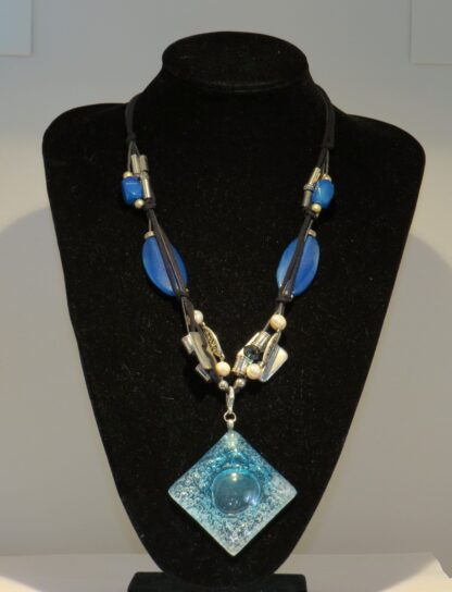 Square Fusing Glass Necklace with Blue Agate