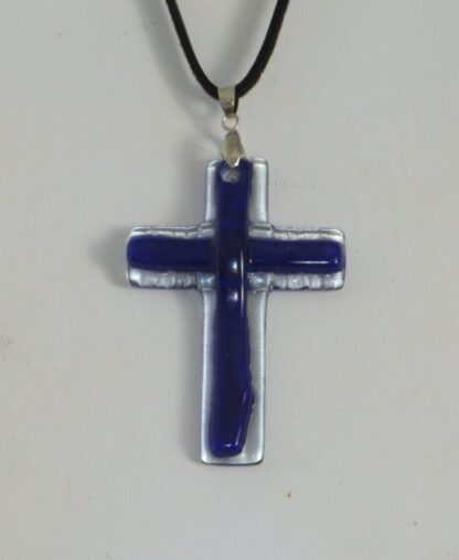 Dark Blue Curved Cross Fusing Glass Necklace - Image 2