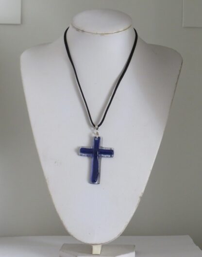 Dark Blue Curved Cross Fusing Glass Necklace