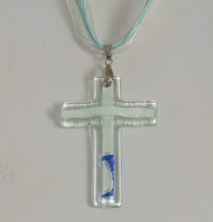 White with Blue Curve Cross Fusing Glass Necklace - Image 2