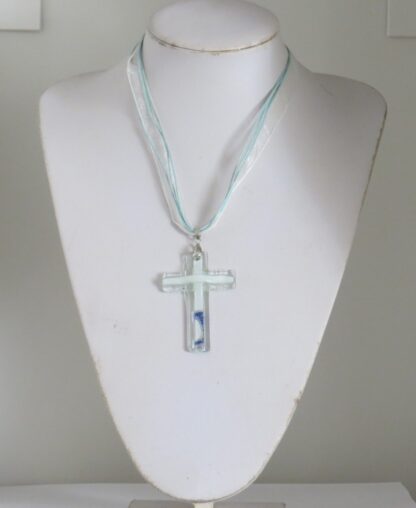 White with Blue Curve Cross Fusing Glass Necklace