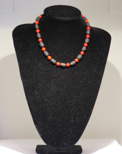 Volcanic Stone with Coral Short Necklace